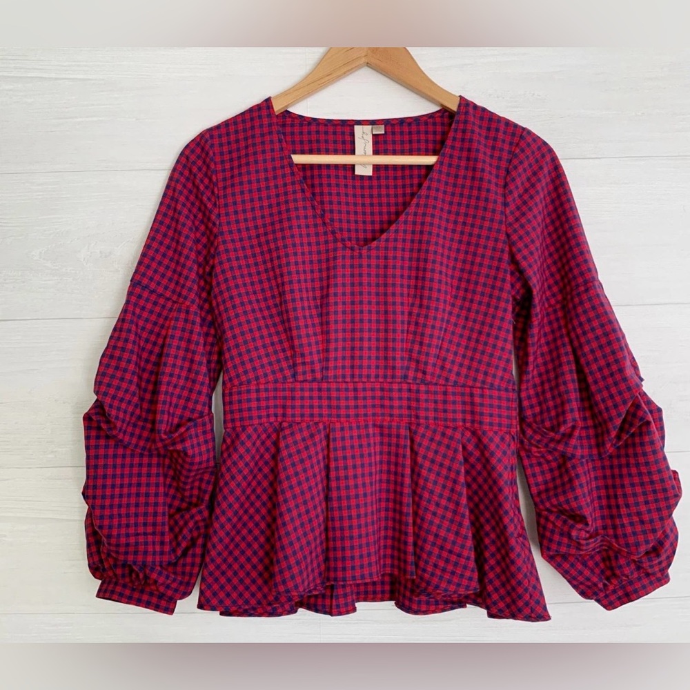 Allison Joy Navy red gingham gathered bubble sleeve pleated peplum v-neck blouse